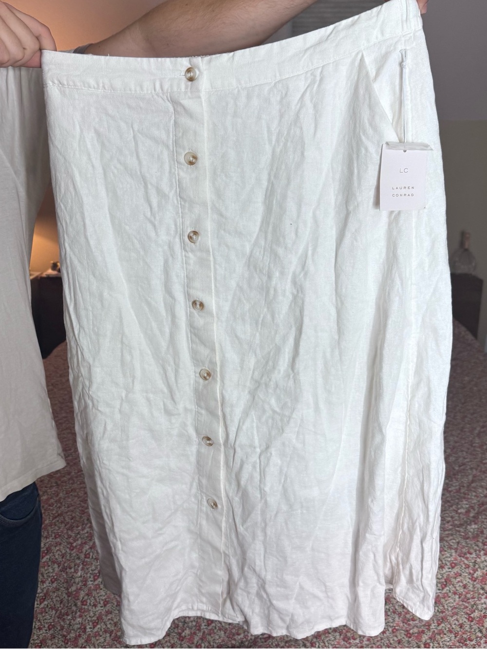 LC Lauren Conrad White Button-Front Linen Blend Midi Skirt